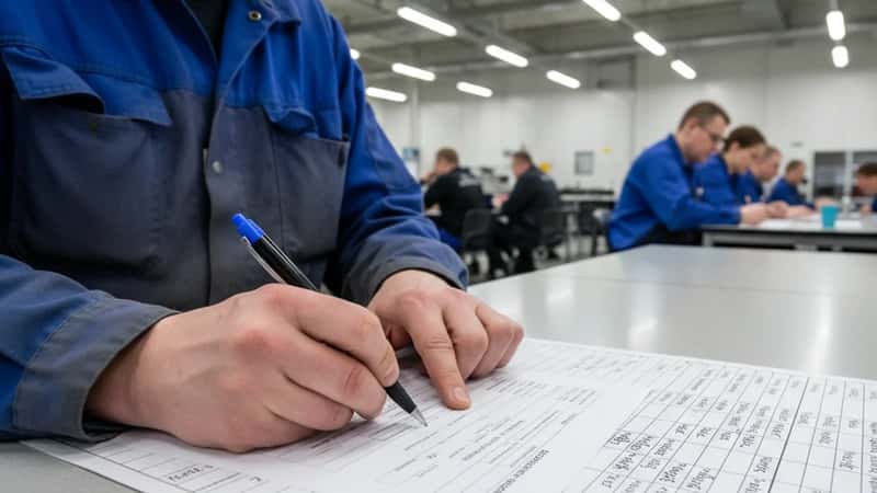 Oulussa suomalainen tuotantovuoropäällikkö täyttää ylityöpyyntöä tehtaan taukotilassa
