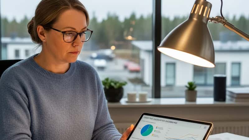 Jyväskyläläinen HR-asiantuntija tarkistaa ylityölaskelmia toimistossaan