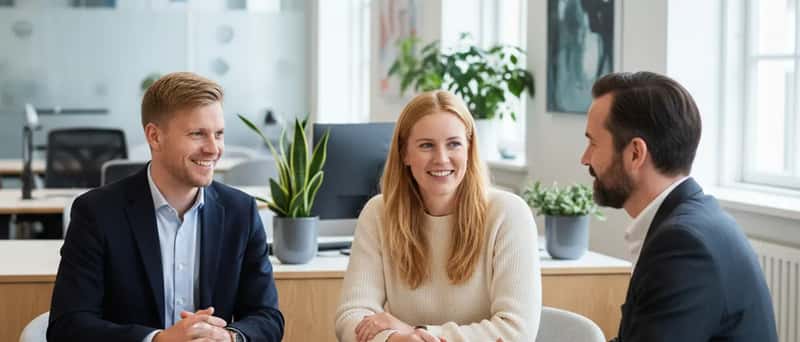 Dansk par i møde med bankrådgiver om indskudslån i et moderne nordisk bankkontor