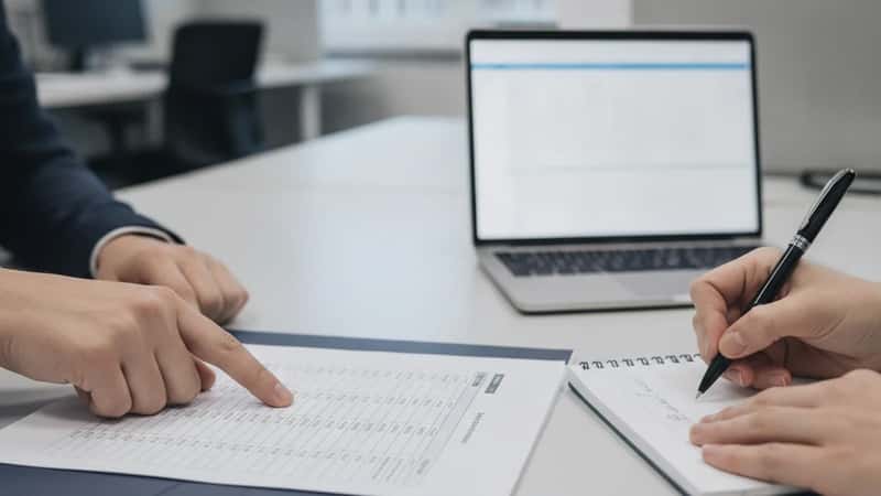HR-adviseur legt een uitzendkracht de toepasselijke CAO-salarisschaal uit aan een bureau in een Utrecht uitzendbureau