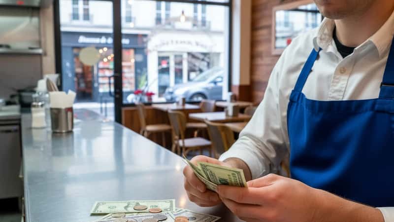 Diner server's hands counting tip money on a Williston, North Dakota restaurant counter at end of shift, bills and pen on a notepad
