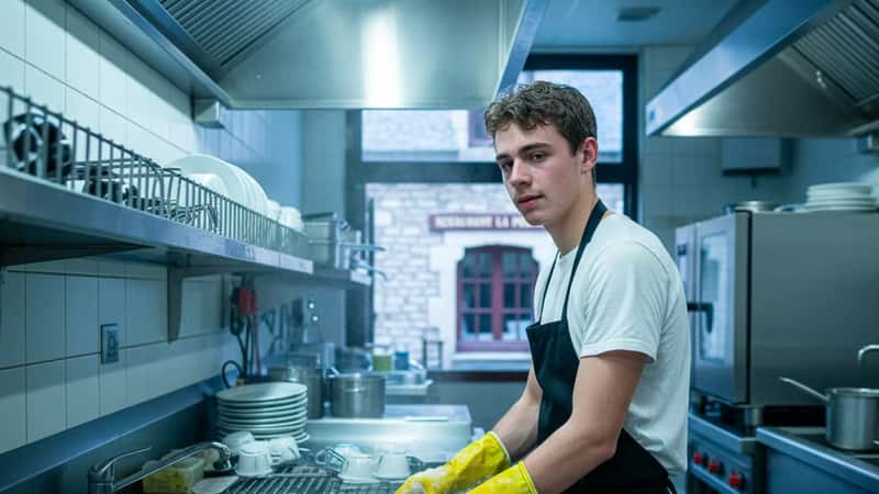 17-year-old dishwasher in a Williston, North Dakota restaurant kitchen at a commercial sink with rubber gloves, first job atmosphere, stainless steel surfaces and fluorescent overhead light