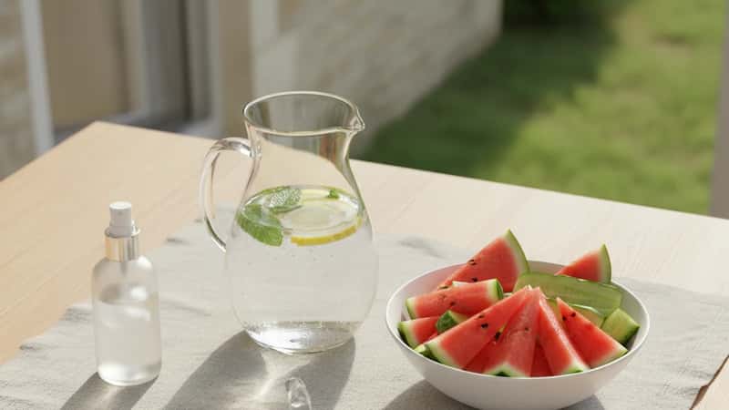 Plateau de fruits d'été riches en eau — pastèque, concombre, brumisateur et verre d'eau sur table en bois