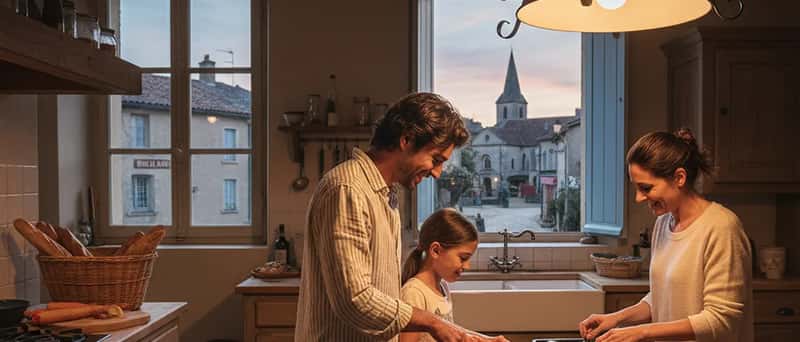 Íslensk fjölskylda eldar heilsusamlegan mat saman í eldhúsi heima