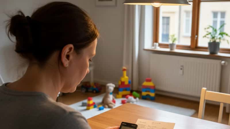 Deltidsanställd svensk polis granskar lönebesked hemma med miniräknare och kontrollerar övertidstimmar