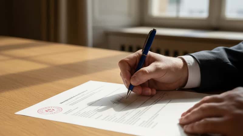 Mains signant un formulaire officiel de résiliation de bail à Neuchâtel, stylo bleu et document cantonal