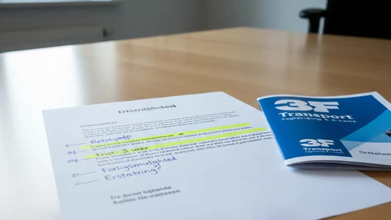 Opsigelsesdokument med gule markeringer og håndskrevne noter om rettigheder og frister på kontor i Esbjerg