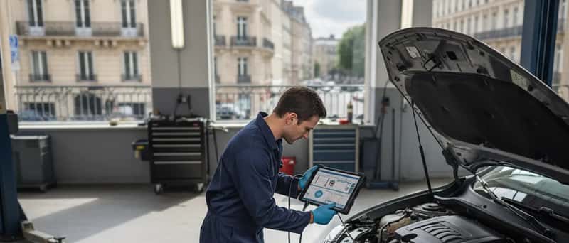Mekaniker bruger diagnoseværktøj tilsluttet bilmotor i et dansk autoværksted