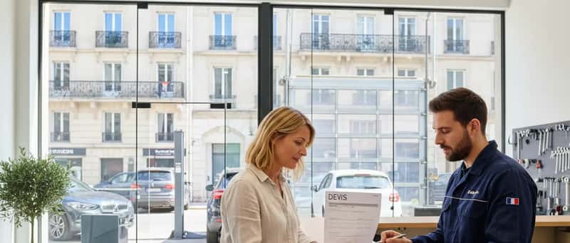 Dansk kvinde gennemgår et servicetilbud ved skranken i et autoværksted