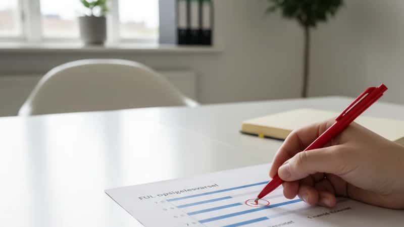 Opsigelsesvarsel-tidslinje fra Funktionærloven markeret med pen på papir i fagforeningens juridiske kontor i Kolding