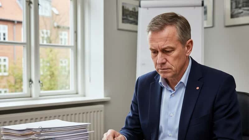 Politiforbundets tillidsrepræsentant i Fredericia gennemgår afskedigelsessag ved fagforeningens mødelokale