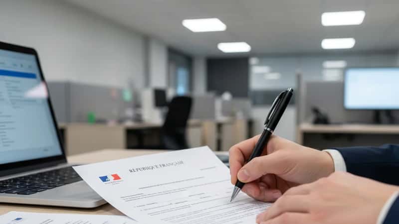 Mains d'un professionnel complétant un formulaire A1 officiel à un bureau d'entreprise à Lyon, stylo bille noir, documents administratifs visibles