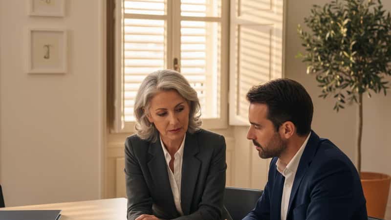 Conseillère en gestion de patrimoine à Marseille expliquant un dossier de mobilité internationale à un client dans une salle de réunion moderne, lumière méditerranéenne de l'après-midi