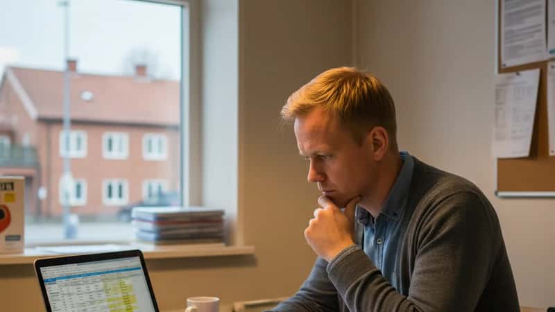 Facklig representant vid ett litet bord i ett butiksfikarum i Göteborg, granskar lönetabeller inför lokal lönerevision