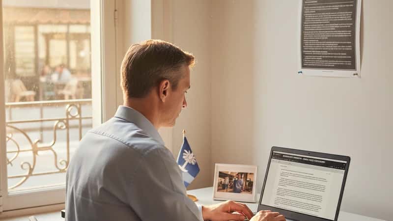 HR director in Columbia SC updating employee break policy in handbook on laptop with FLSA poster on office wall