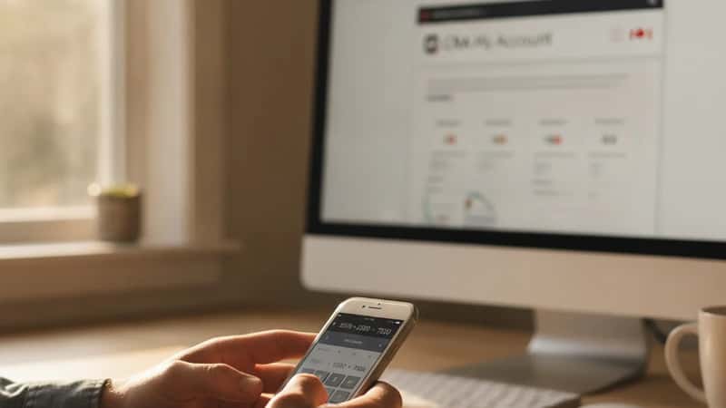 Canadian man reviewing TFSA contribution figures on a smartphone calculator app with CRA My Account visible on a desktop monitor in the background
