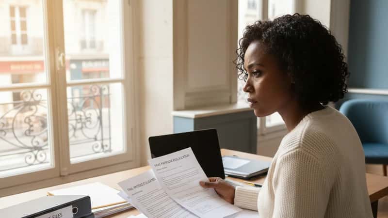 HR specialist in Columbia SC reviewing a final paycheck and employee separation document at her desk