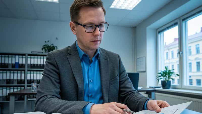 Ammattiliiton edustaja tutkii palkkaerotaulukkoa Turun toimistossa