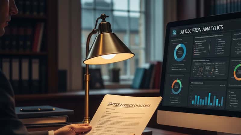 Data protection lawyer in London City law office reviewing Article 22 rights challenge letter at a mahogany desk with legal documents and AI decision analytics on screen