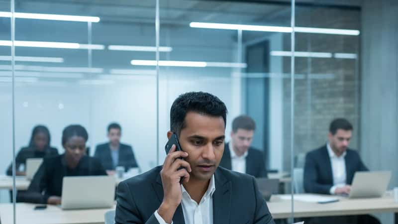 South Asian British man in Shoreditch London co-working space reviewing an automated system rejection letter on the phone, consulting a lawyer about an adverse AI decision