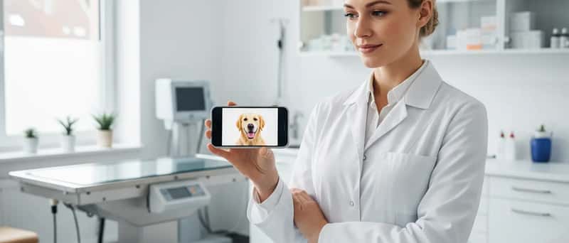 Tierärztin betrachtet auf einem Smartphone-Bildschirm einen Hund während einer Online-Konsultation in einer modernen Praxis