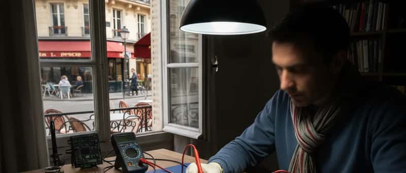 Technician testing a circuit board with a multimeter on an anti-static mat in a repair workshop