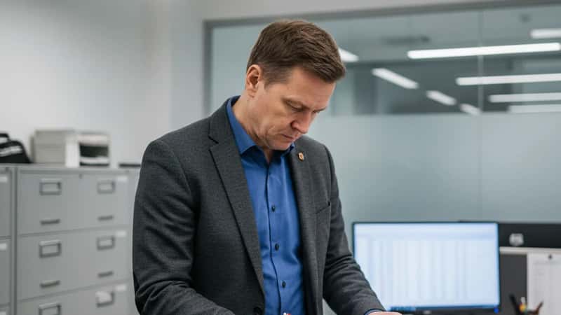 HR-johtaja tarkistaa TPTES-palkkasopimuksen ehtoja terveydenhuollon hallintotoimistossa Oulussa