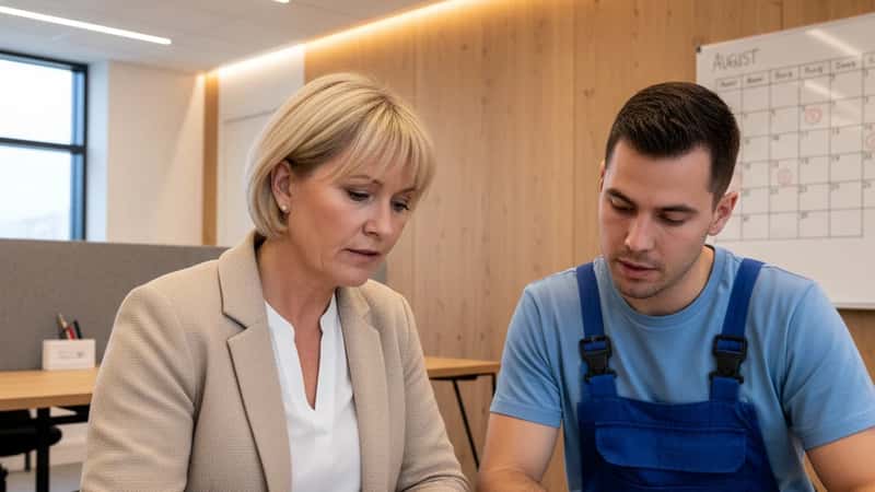 HR-konsulent i Aarhus gennemgår ferieregler fra Industri- og VVS-overenskomsten 2025-2028 med en VVS-montør
