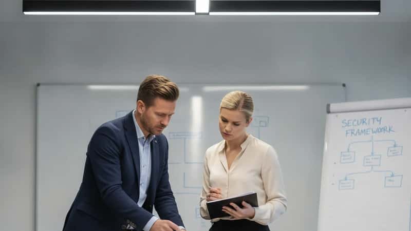 Två svenska IT-säkerhetsspecialister granskar ett NIS2-riskbedömningsdokument i ett konferensrum i Göteborg
