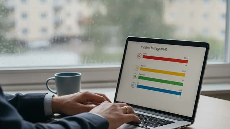 Hands typing on a laptop with cybersecurity incident dashboard visible in a home office in Uppsala, Sweden