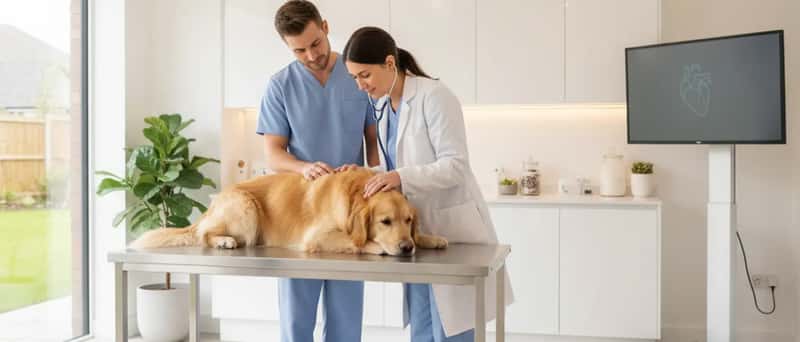 Golden retriever being examined with a stethoscope by a veterinarian in a modern clinic