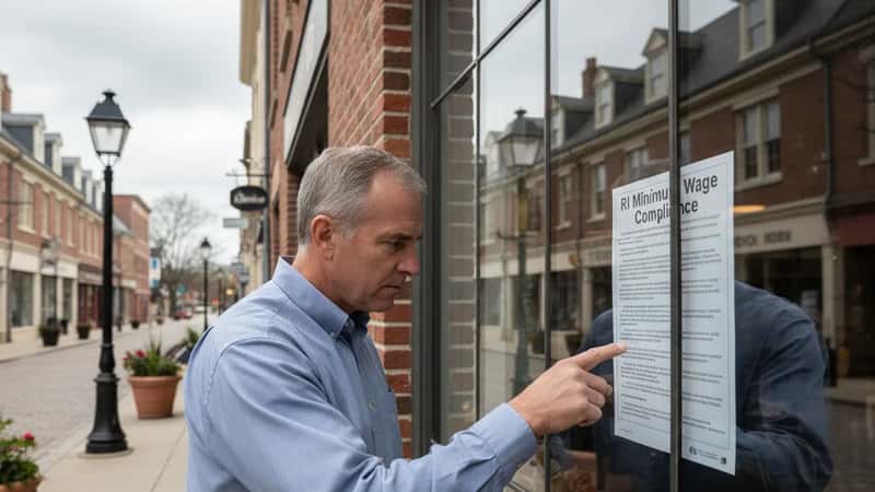 Small business owner checking a Rhode Island minimum wage compliance poster on a storefront window in Providence's West End