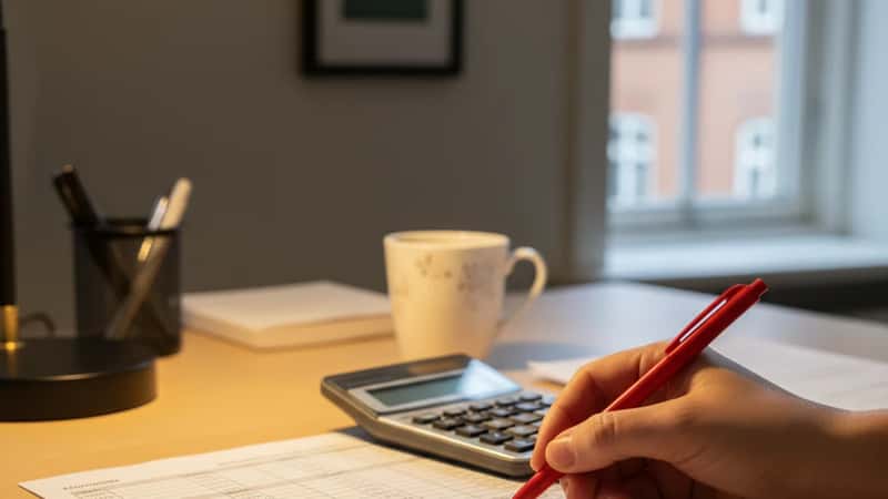 Dansk statsansat medarbejder verificerer overarbejdstimer med lommeregner og tidsseddel på kontorskrivebord i Aarhus