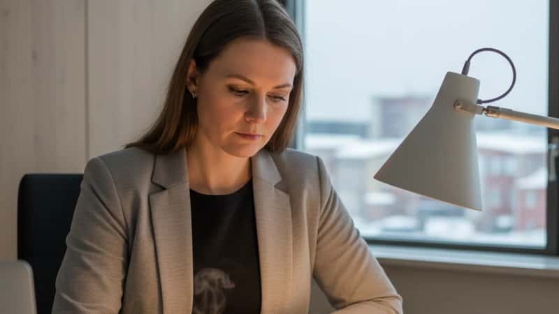 HR-asiantuntija tutkii Energiateollisuuden TES-sopimuksen ehtoja toimistoneuvottelussa Oulussa
