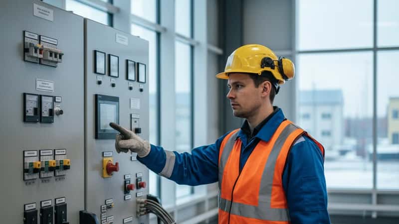Sähköaseman teknikko tarkastaa katkaisijapaneelia Oulun sähköasemalla — energiasektorin päivittäistä turvallisuustyötä