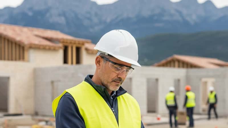 A Hispanic construction site foreman in a high-visibility vest reviews a work schedule clipboard at a suburban Salt Lake City building site, Utah mountains visible in the background