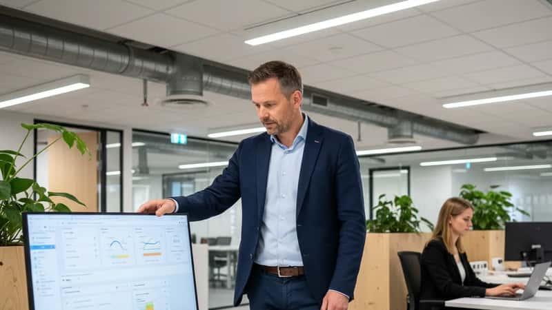 Dansk kontormedarbejder peger på en digital tidsregistreringsskærm i et åbent kontorlandskab i Odense