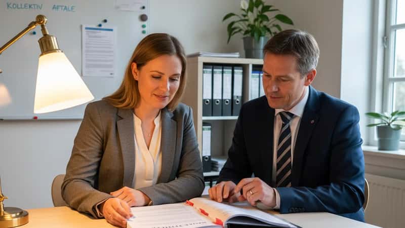Ansat og tillidsrepræsentant gennemgår overenskomstdokumenter ved et lille mødebord på et HR-kontor i Odense