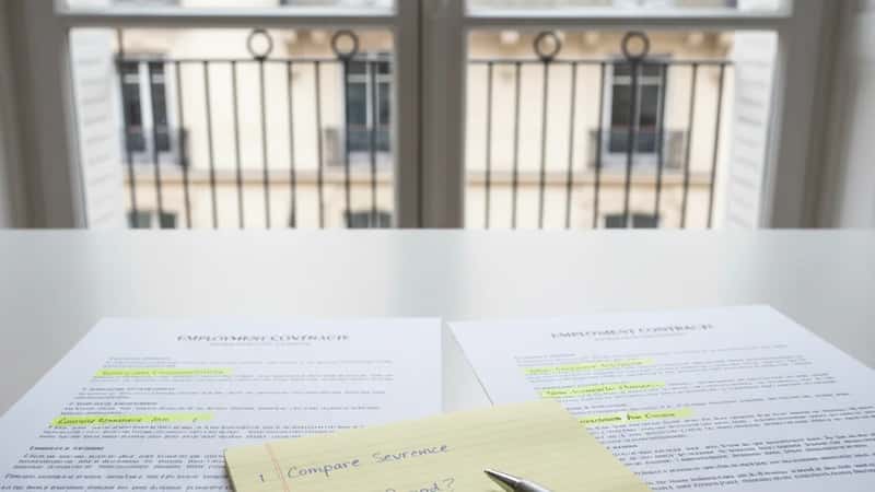 Two employment contract documents side by side on a desk in an Akron Ohio office, highlighting different non-compete clauses with a pen