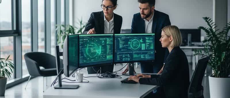 IT-Fachleute analysieren Cybersecurity-Dashboards auf mehreren Bildschirmen in einem modernen Büro