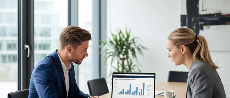 Unternehmer und IT-Berater besprechen Cloud-Kosten am Laptop in einem hellen Besprechungsraum