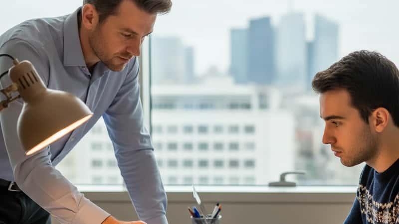 Responsable RH expliquant une grille salariale à un employé dans un bureau parisien