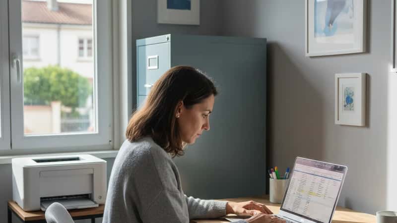 Salariée française en télétravail dans un bureau à domicile à Lyon avec ordinateur portable et imprimante