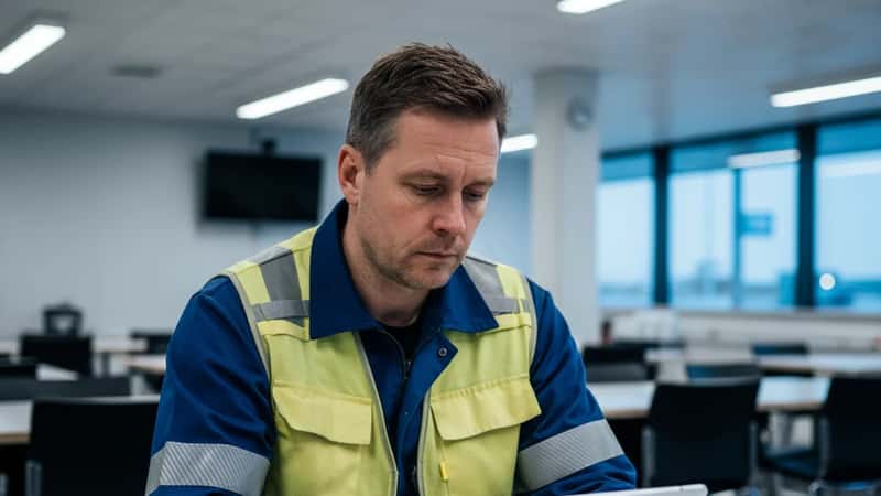 Bakkeansatt ved Trondheim Airport sjekker turnusplan på nettbrett i pauserom