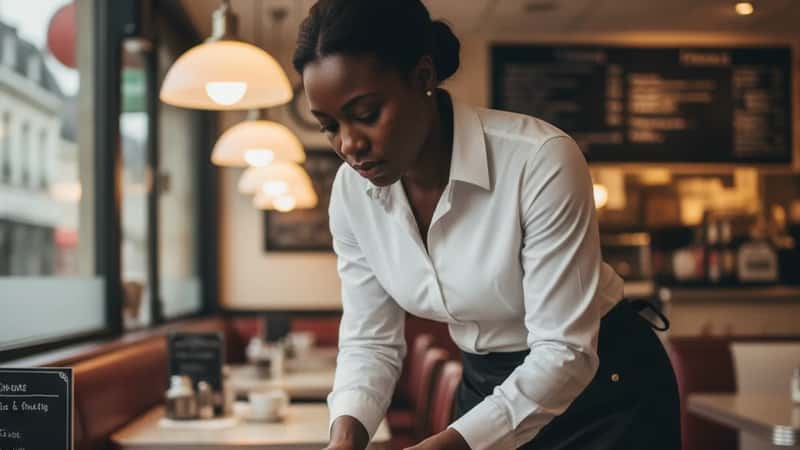 A Black female server counting tip money left on a table in a classic American diner, calculating whether her tip-credit wages met the minimum wage requirement for the shift