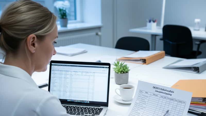 HR-chef i Aarhus gennemgår lønsammenligningstabel fra Funktionæroverenskomsten OK2025, kontor med HR-dokumenter