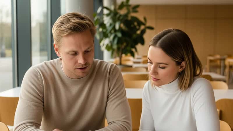 To danske medarbejdere i 30'erne i en virksomhedskantine i Odense sammenligner afsnit fra Funktionæroverenskomsten, naturligt diffust lys
