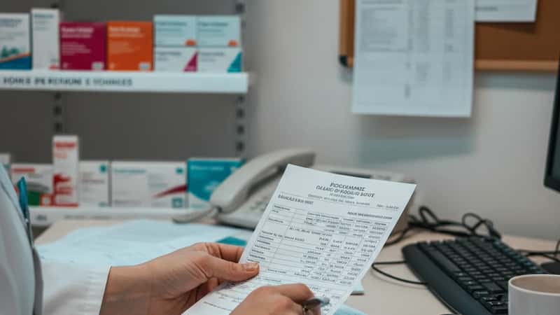 Préparatrice en pharmacie comparant une fiche de paie avec la grille de salaires CCN sur un bureau d'officine parisienne
