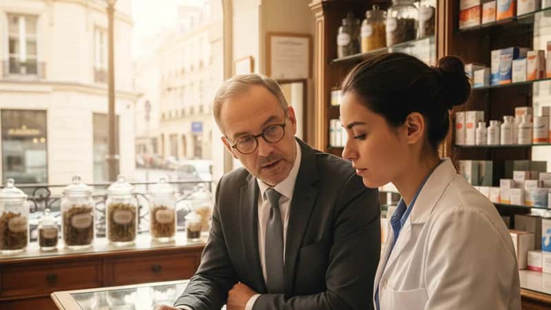 Pharmacien adjoint en lunettes discutant des droits conventionnels avec une collègue au comptoir d'une officine française