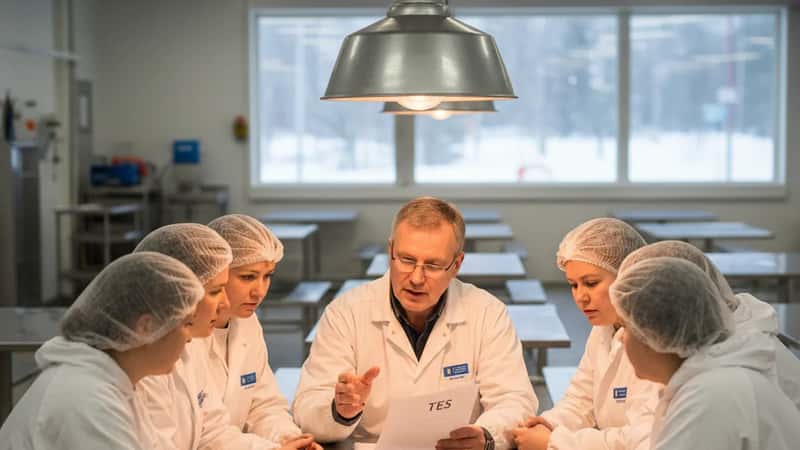 Oulussa elintarvikealan työntekijät valkoisissa suojavaasteissa istuvat taukohuoneen pöydän ääressä luottamusmiehen selittäessä TES-dokumenttia